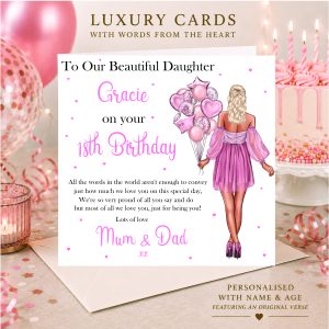 Personalised daughter birthday card with name and age, pink balloon design and original verse, with custom hair and dress options