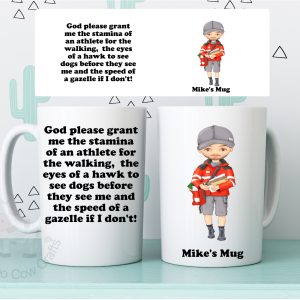 Personalised postman mug with male postal worker illustration, funny dog verse and custom name