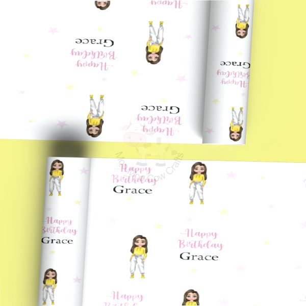 image of girl on wrapping paper with yellow background