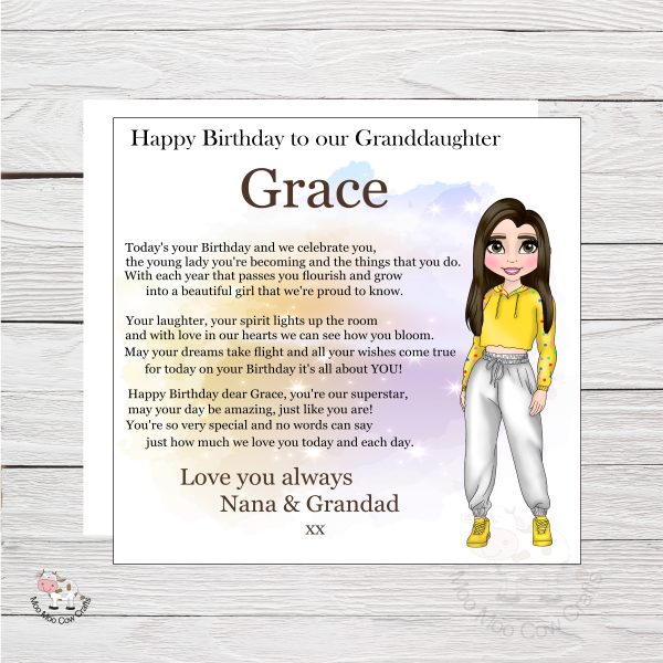 wooden background with image of card with girl clipart and text