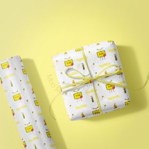 yellow bacckground with roll of gift wrap and gift box