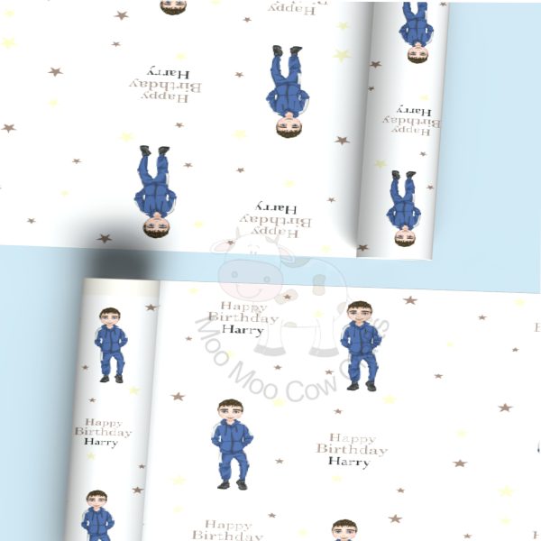 two rolls of wrapping paper with young boy 8in blue tracksuit
