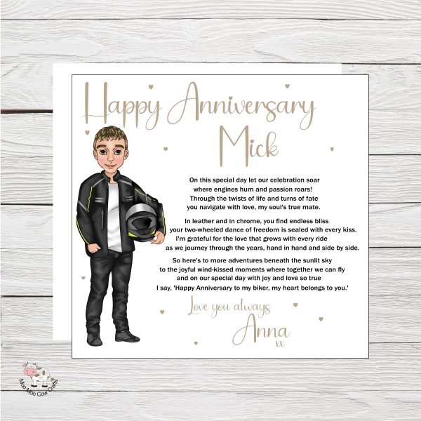 anniversary card with motobike man clip art on wooden background
