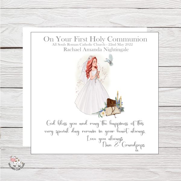 holy communion card on wooden background