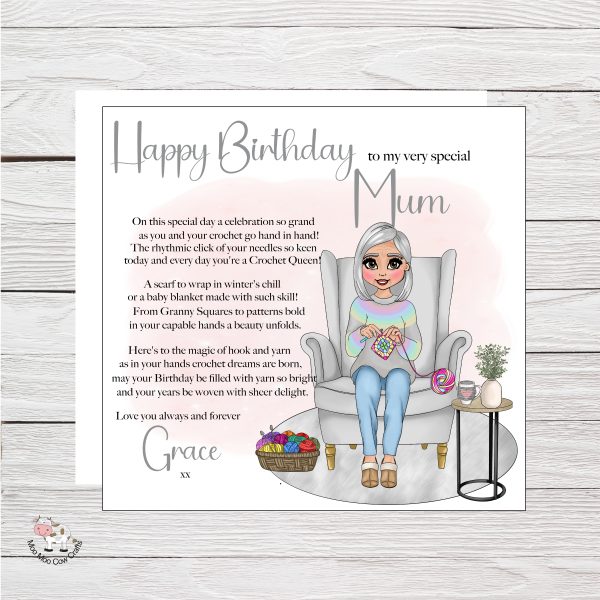 birthday card with women crocheting on a wooden background