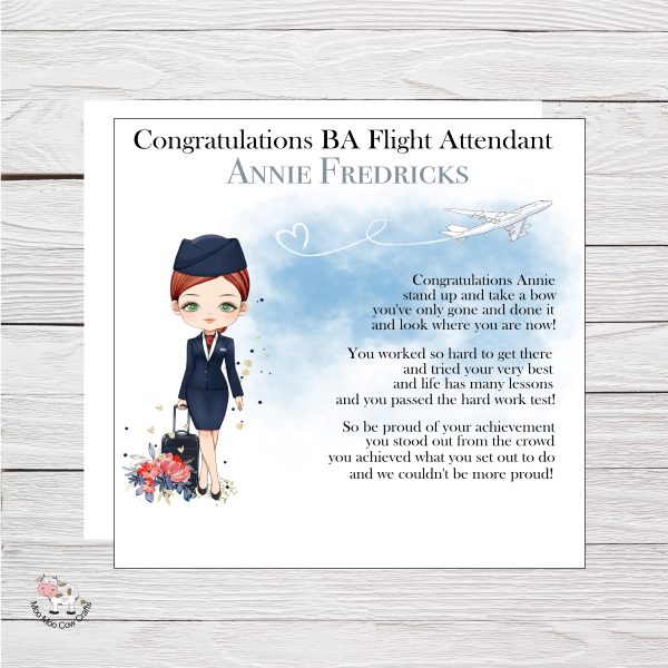 congrtulations card with BA flight attendant on wooden background