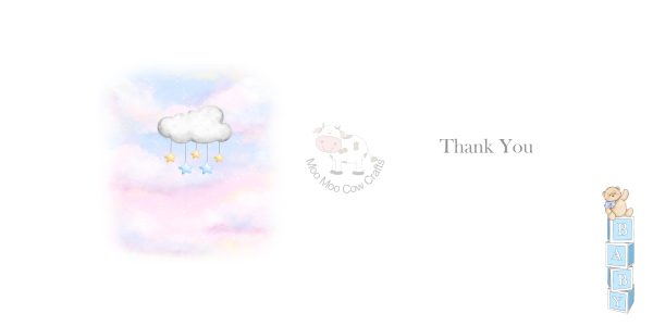 inside card showing clouds and a baby box of building blocks