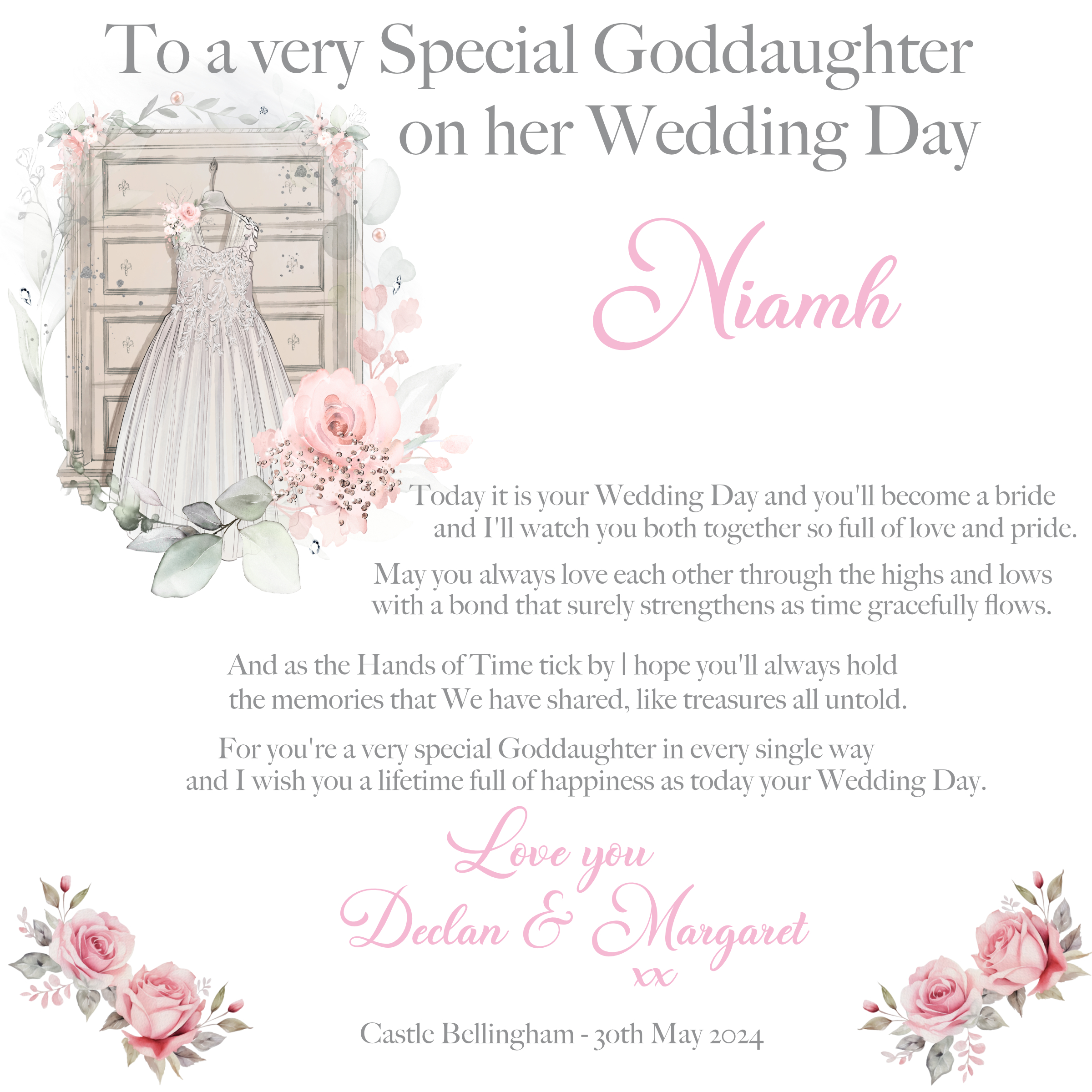 wedding dress hanging with pink flowers, text on a white background