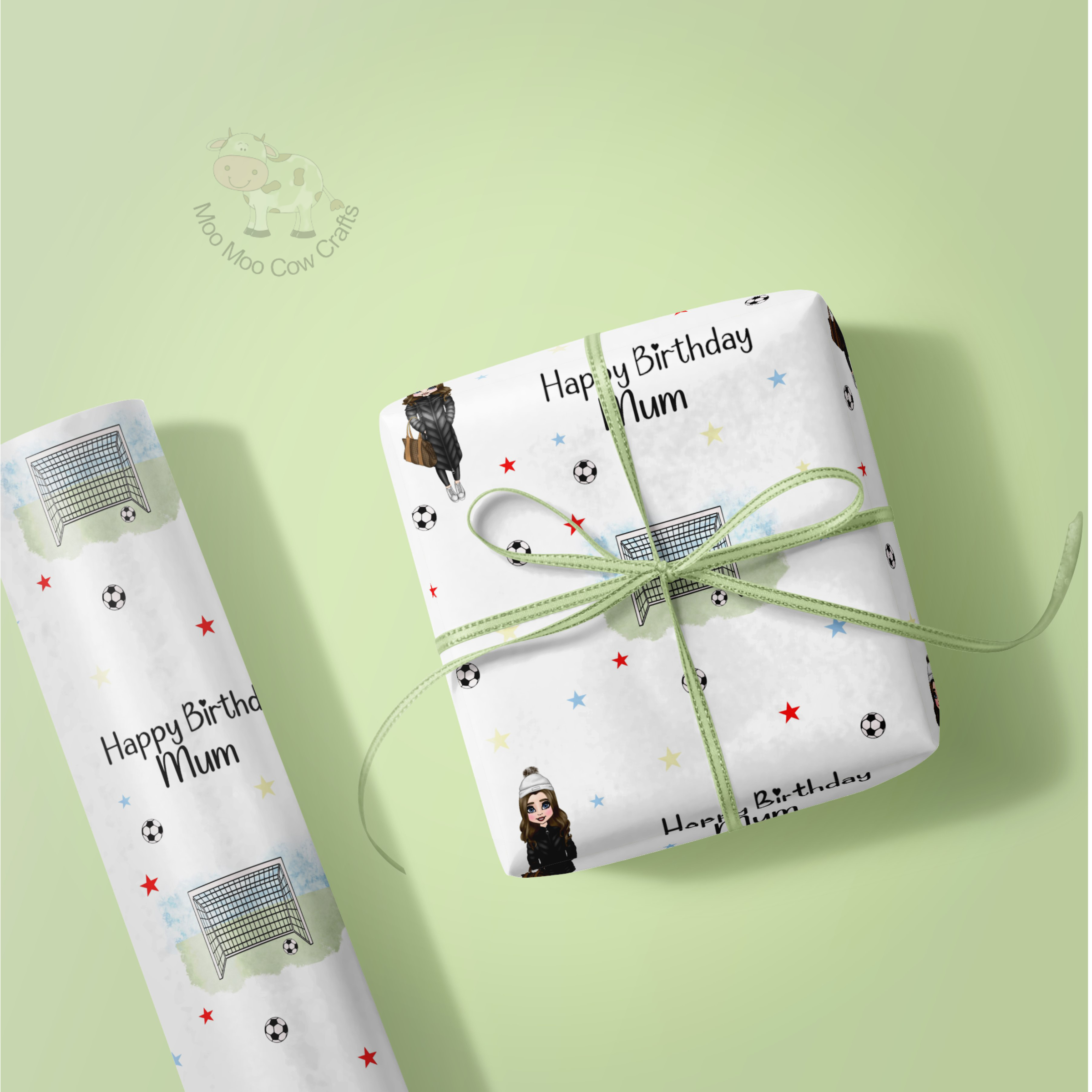 gift box and roll of wrapping paper on green background
