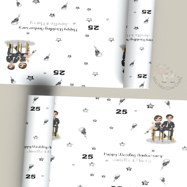 wrapping paper with clipart images of man and woman sitting on a stool