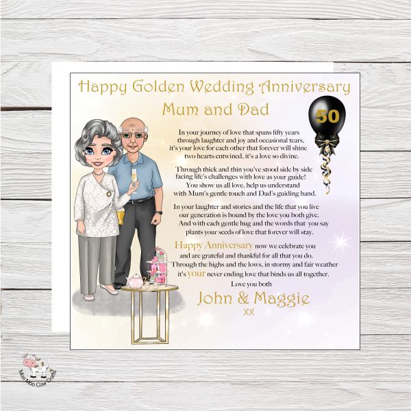 clipart anniversary card with elderly couple on a wooden background