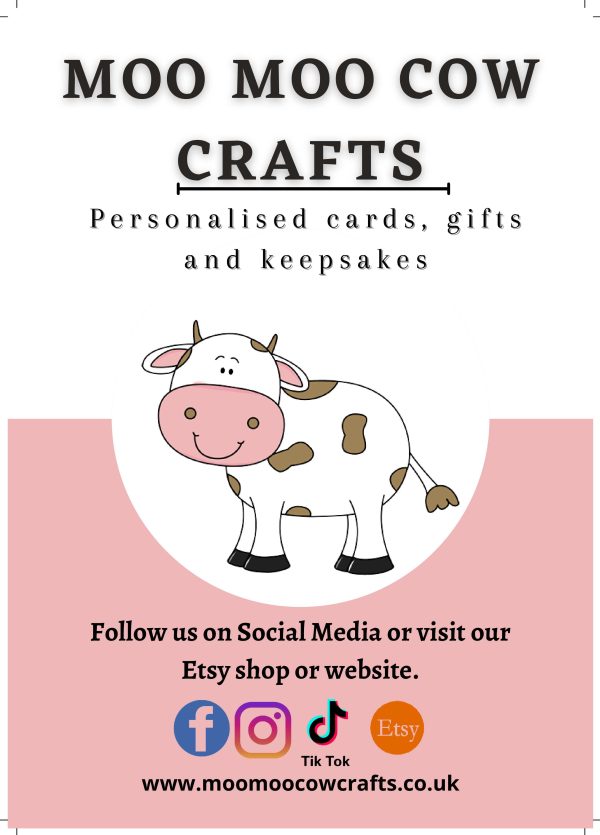 flyer of a cow on pink background with black text