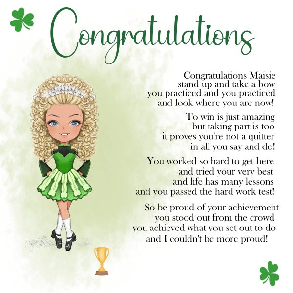 clipart of irish dancer with green shamrock, small cup and text