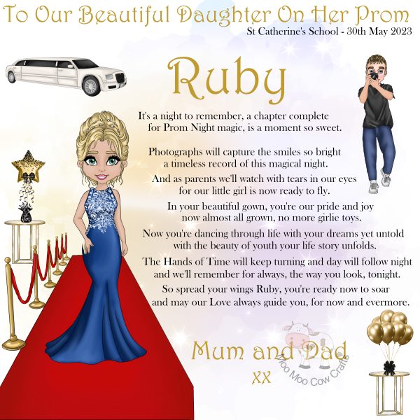 card for girl attending prom with limo, red carpet and text