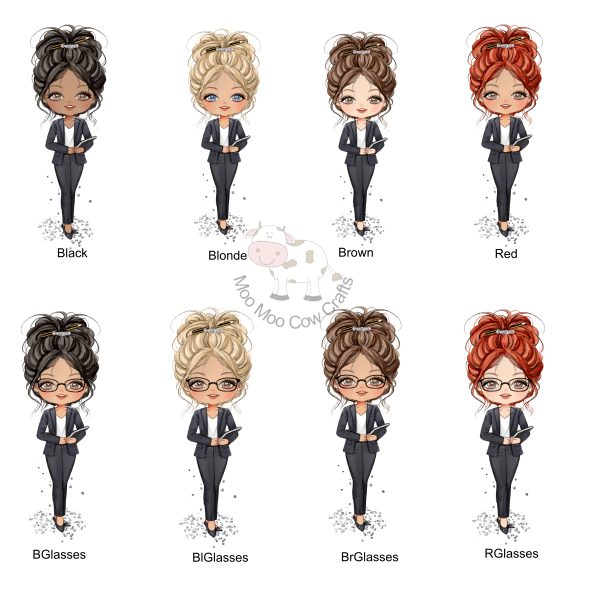 multiple clipart images of a women with a pencil in her hair