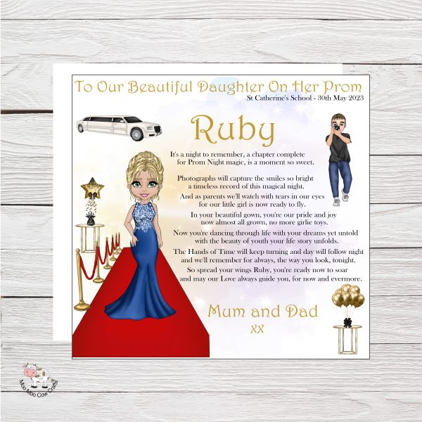 prom girl with limo and text on wooden background