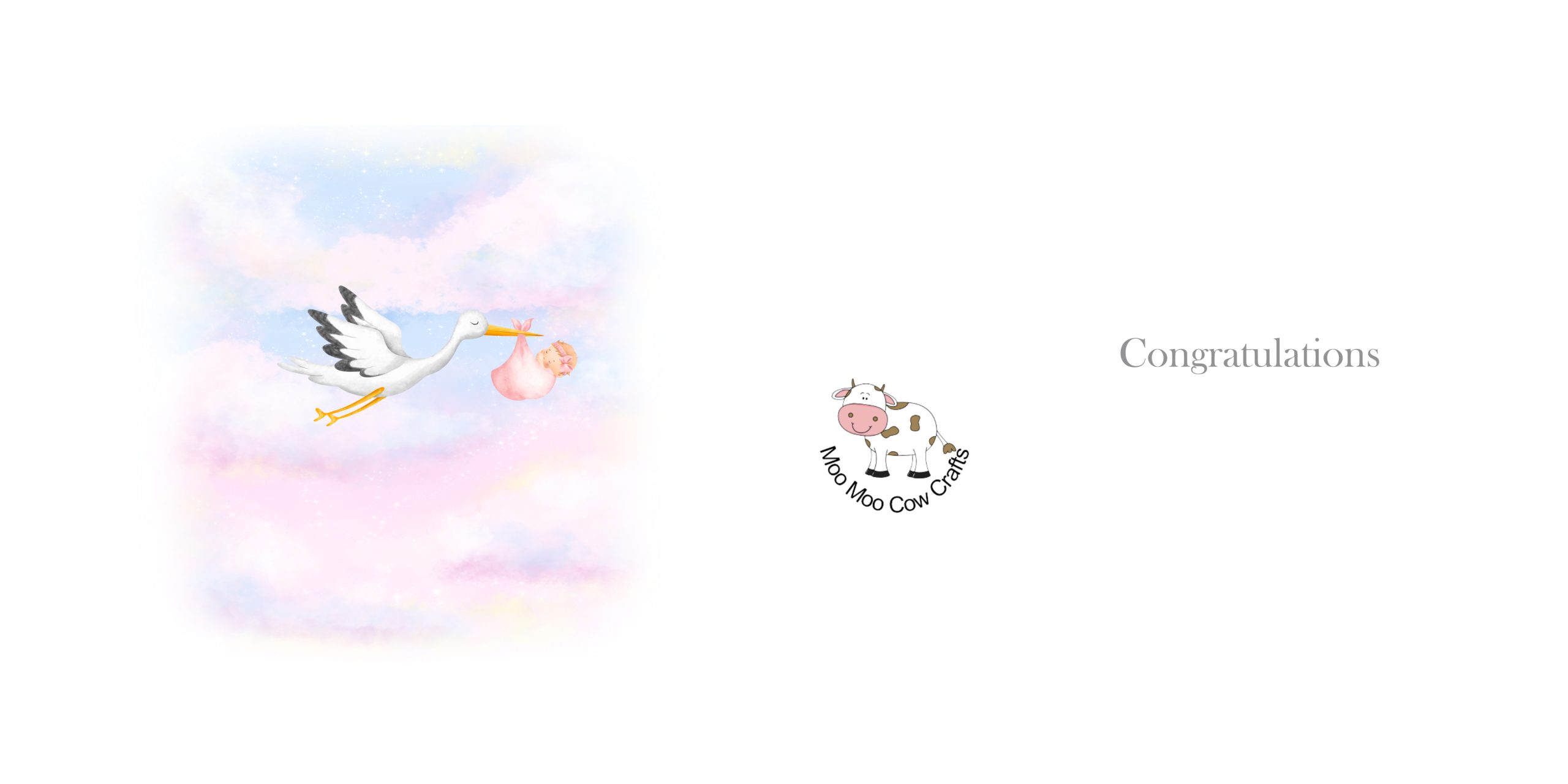 white background with clipart image of a stork carrying a pink baby.