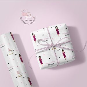 pink background with a roll of wrapping paper and a gift box with clipart image of a lady in a pink dress.