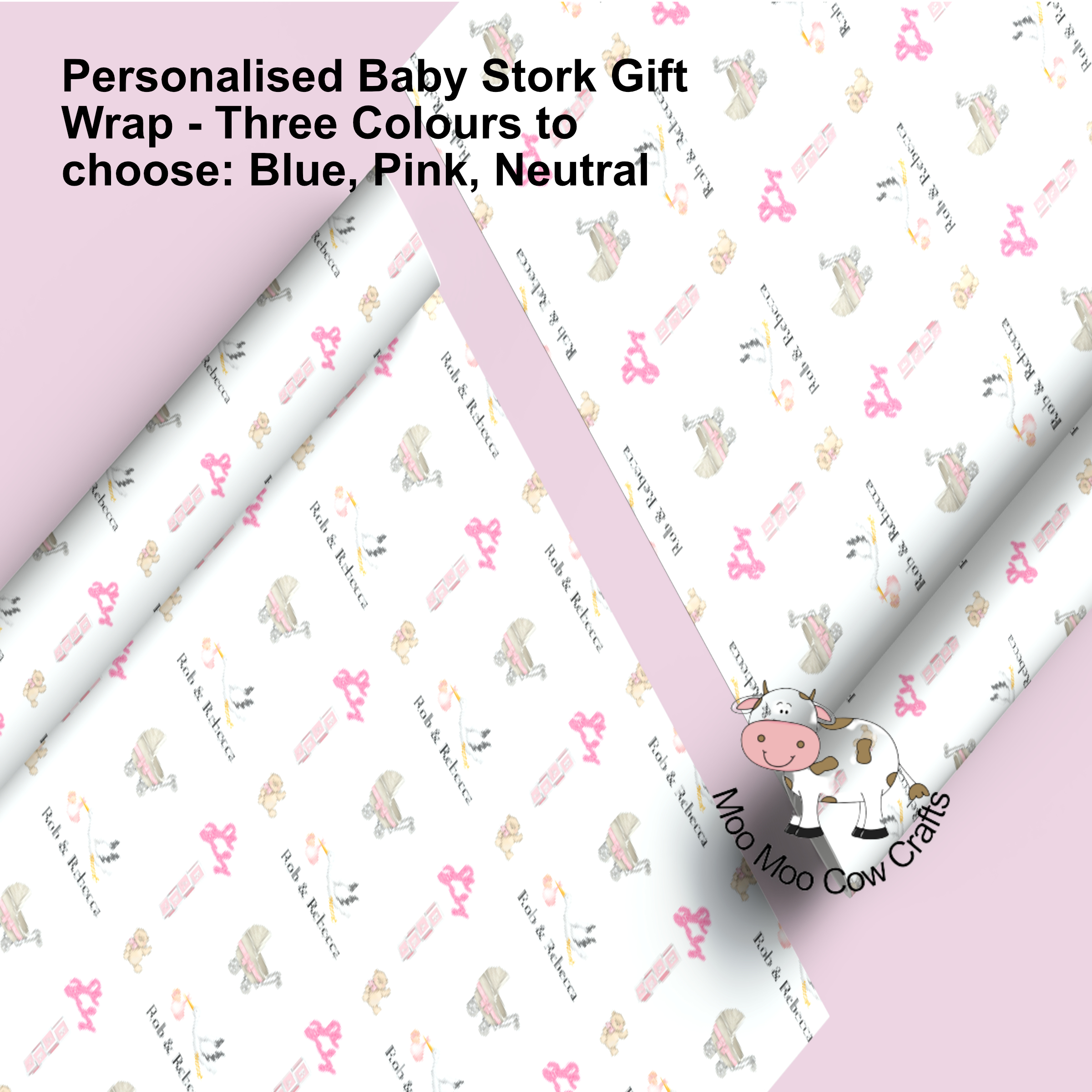 two rolls of wrapping paper with pink images of a pram.