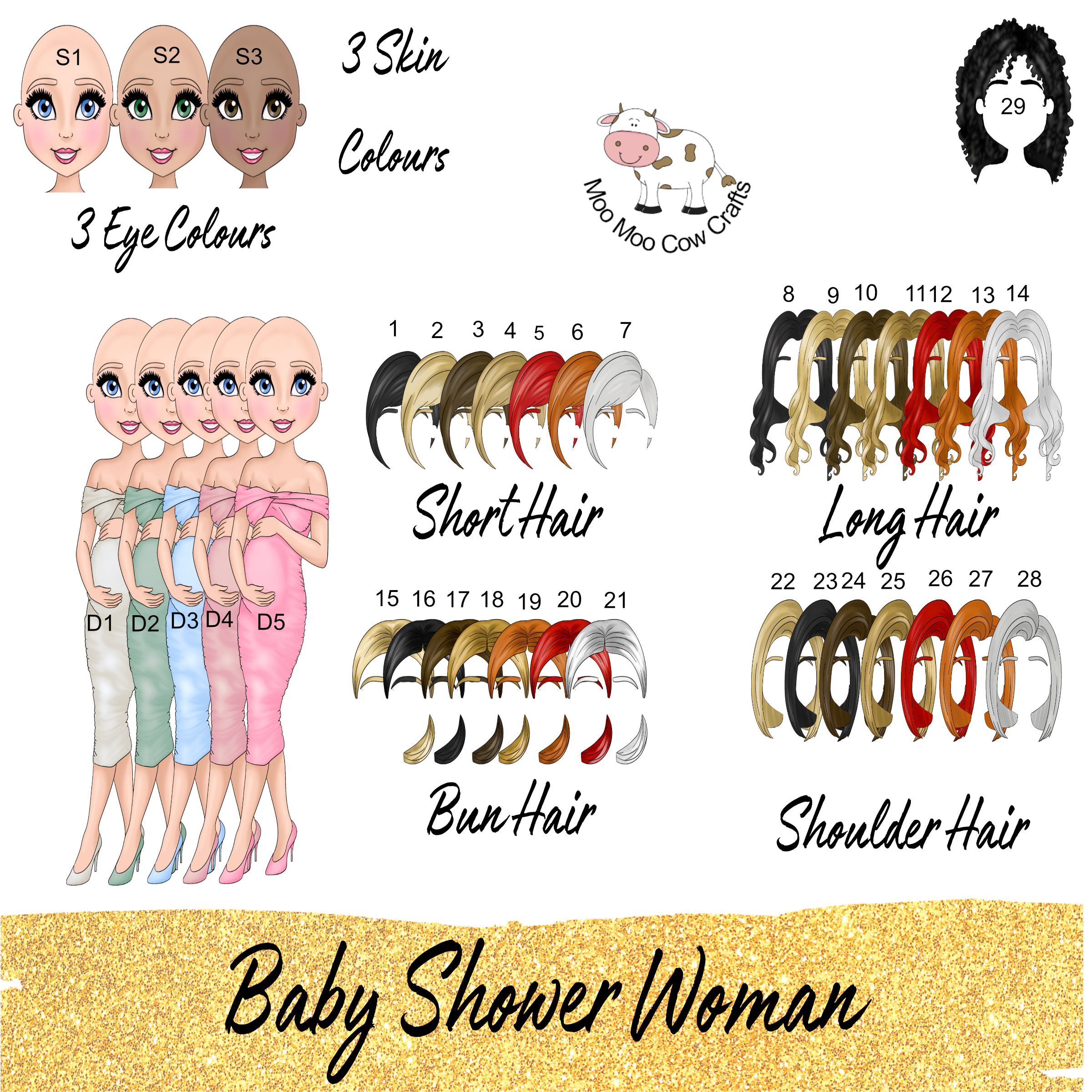 clipart images of a pregnant lady with different hair and eye colour options, it's for a baby shower card.