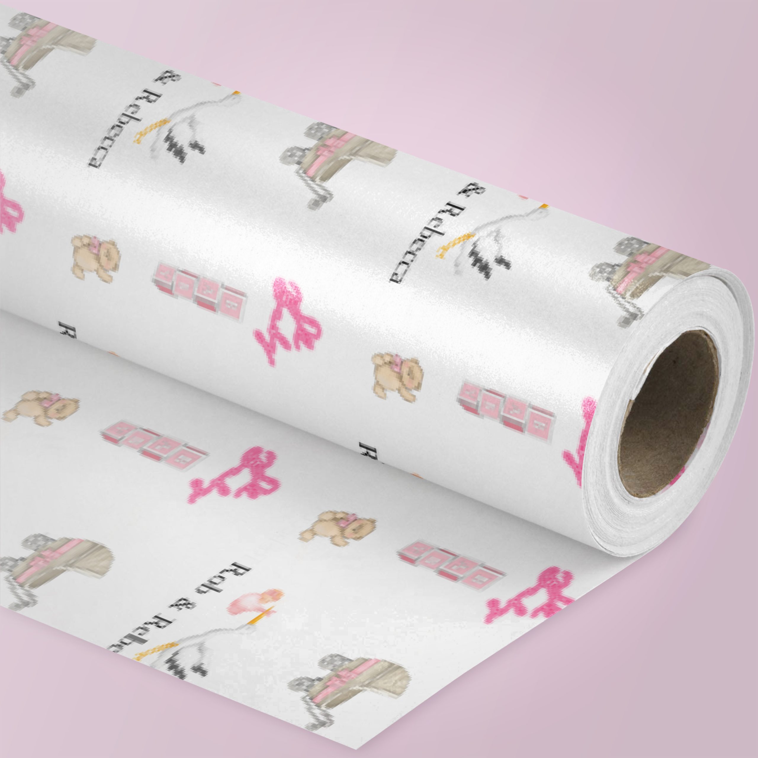 single roll of wrapping paper with pink background and a pink baby pram.