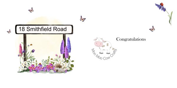 white background with clip arat image of a street sign with flowers and butterffies.