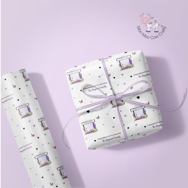 lilac background with a roll of wrapping paper and a gift box with a purple ribbon and images of street sign and butterflies