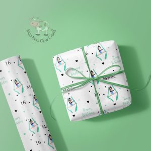 green background with gift box and wrapping roll with a girl in silks design