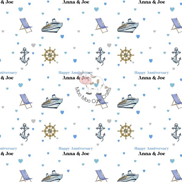clipart images of a deck chair, anchor and a ship on a blue background. It is wrapping paper.
