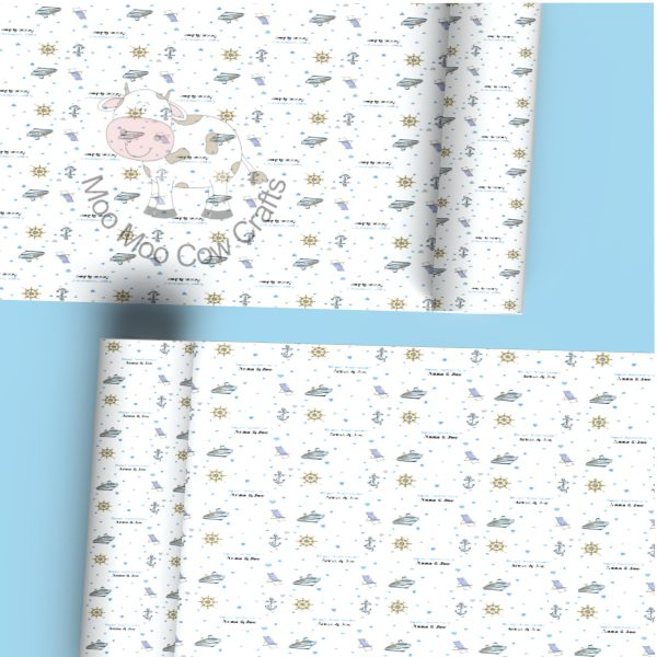 blue background with two rolls of wrapping paper with a ship theme