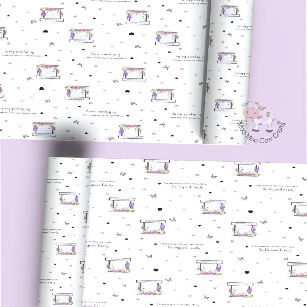 lilac background and two rolls of wrapping with clip art images of street signs and purple butterflies.