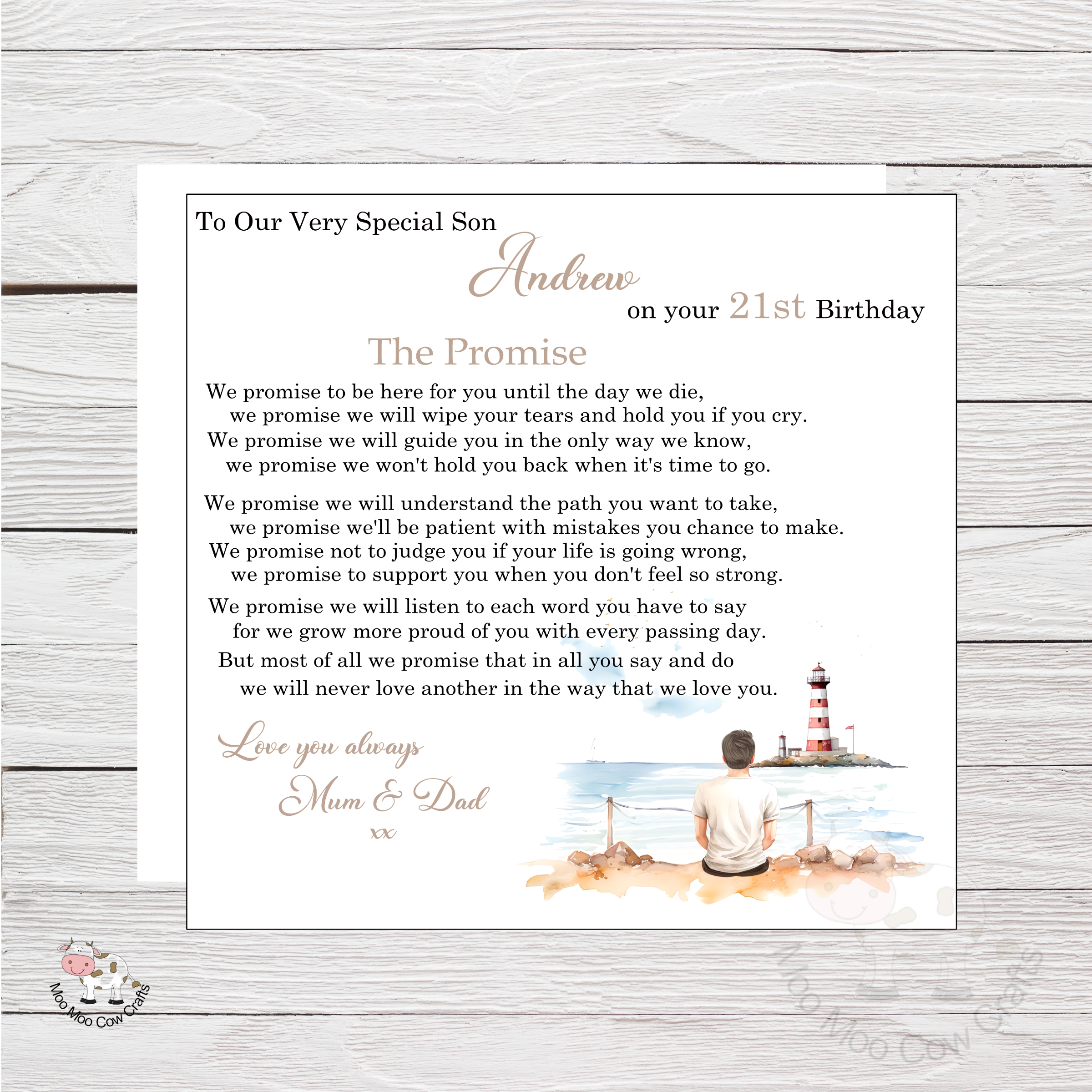white wooden background with white square, a lighthouse and a man facing the lighthouse and black text, it's a birthday card