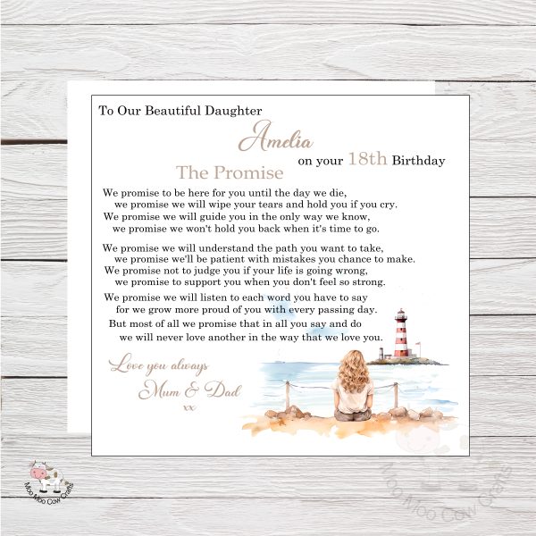 white wooden background with white square box, clipart image of a girl and a lighthouse and black text, it's a birthday card.