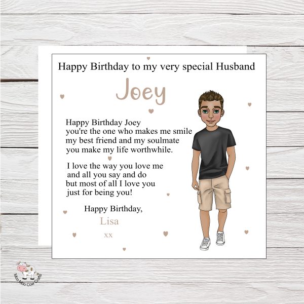 wooden background with white square and clipart image of a dark skinned man wearing shorts - it's a birthday card