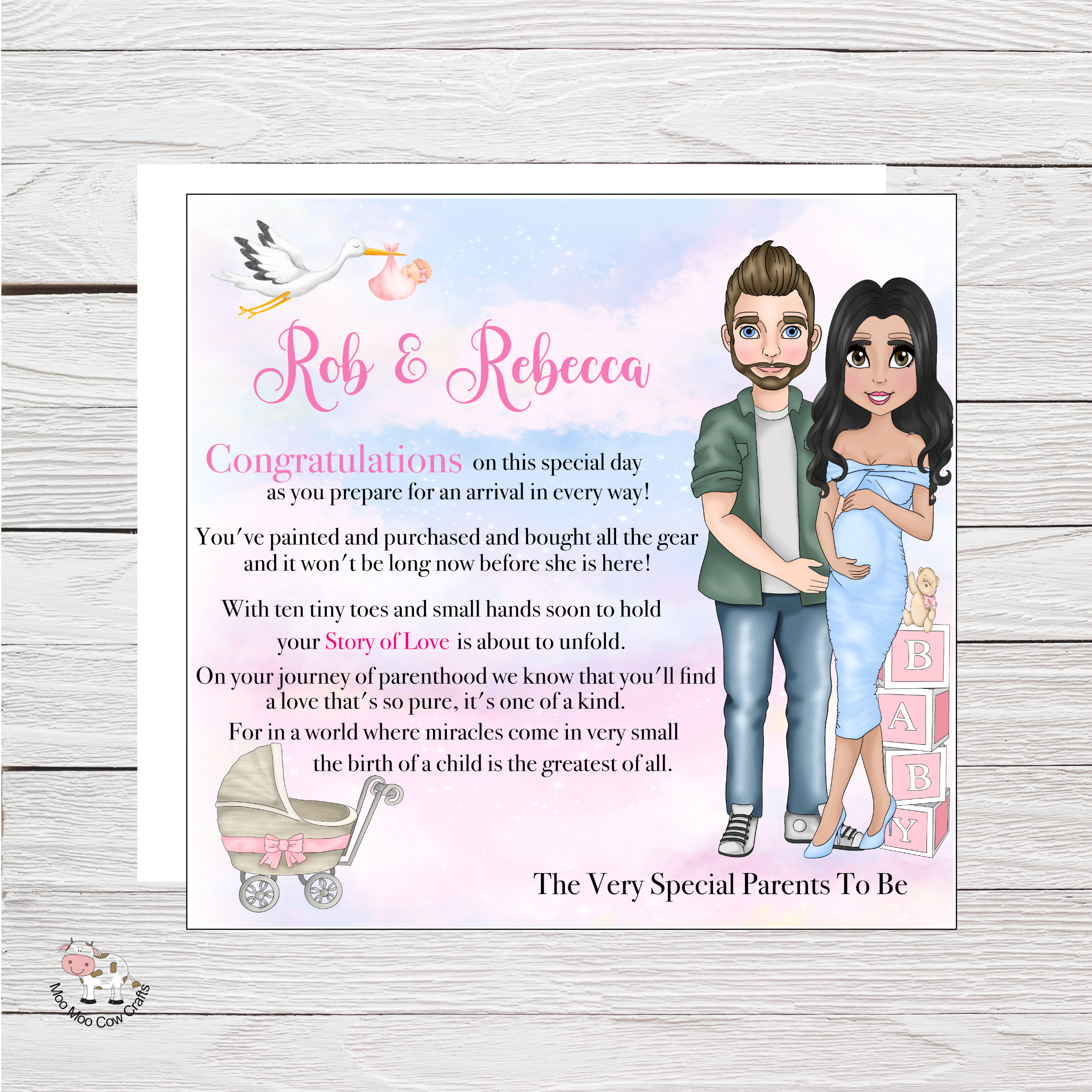 wooden background with clipart image of a man and pregnant lady, with clipart of a stork carrying a pink baby and a pink pram, it's a baby shower card.