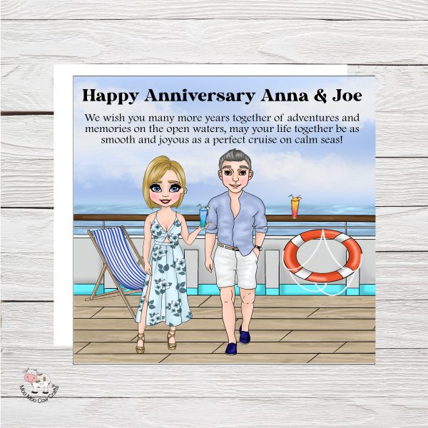 wooden background with clip art images of a man and a woman on a ship, it's an anniversary card.