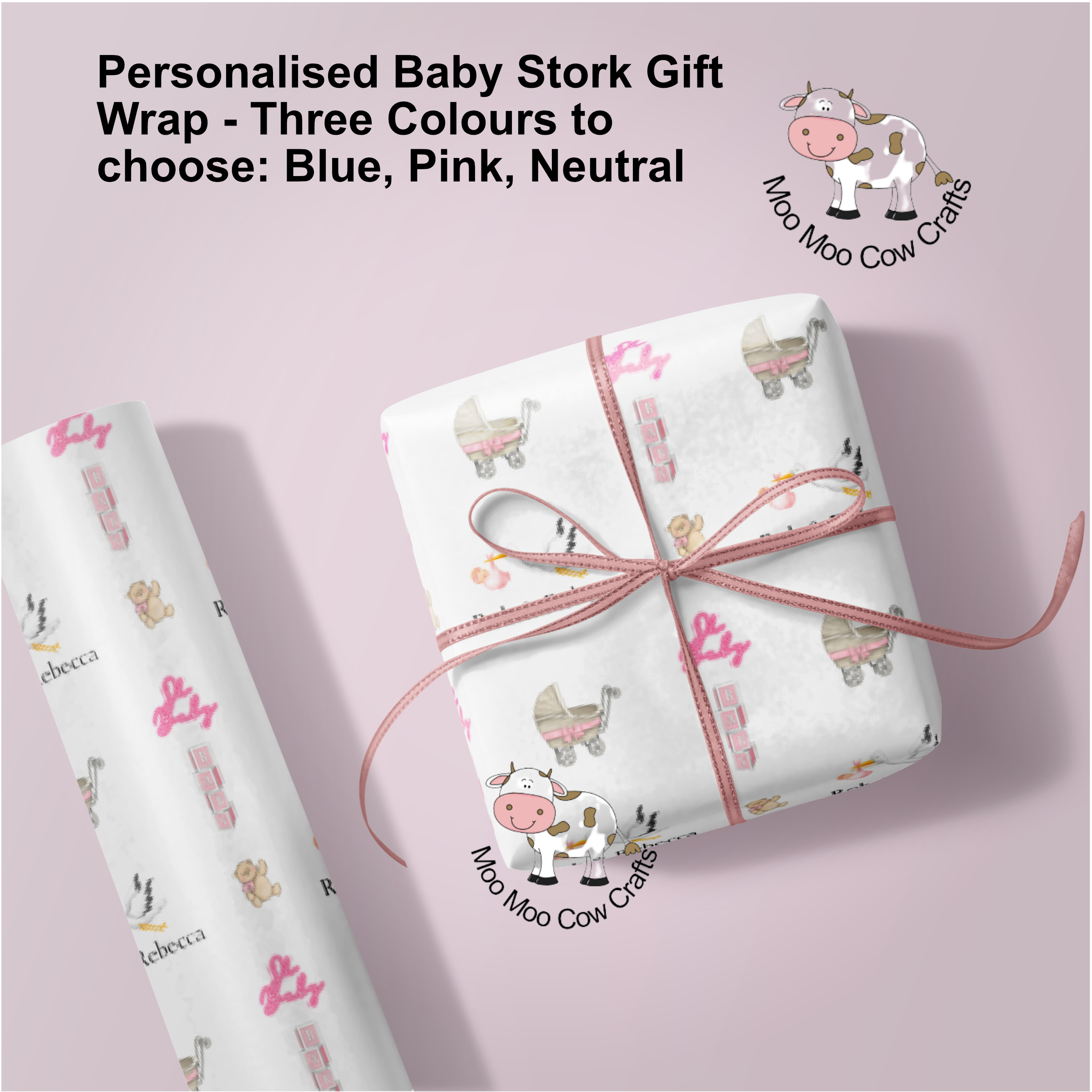 gift box wrapped in pink and white paper with a pink background, prams and pink babies on paper.