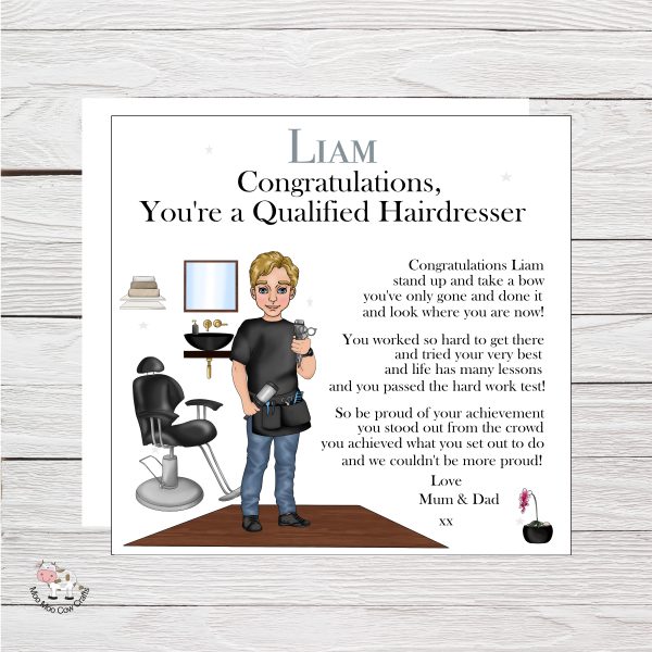 wooden background with clipart image of a male hairdresser in a salon.