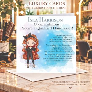Personalised qualified hairdresser congratulations card with original rhyming verse, custom name and illustrated female hairdresser in a salon setting.