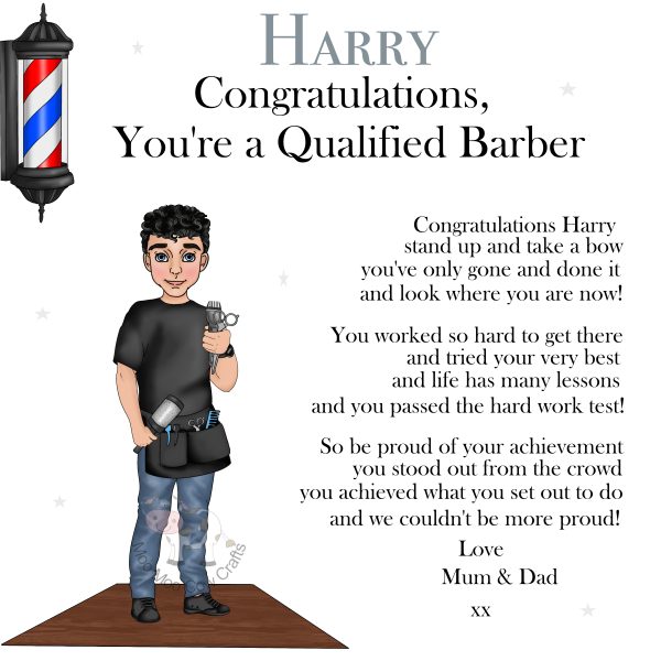 clip art image of a barber with a barber pole and black text.