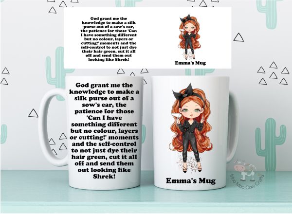 cactus background with two mugs with clip art image of a woman hairdresser.
