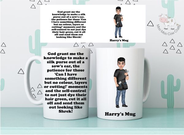 cactus background with two mugs and a picture of a male hairdresser