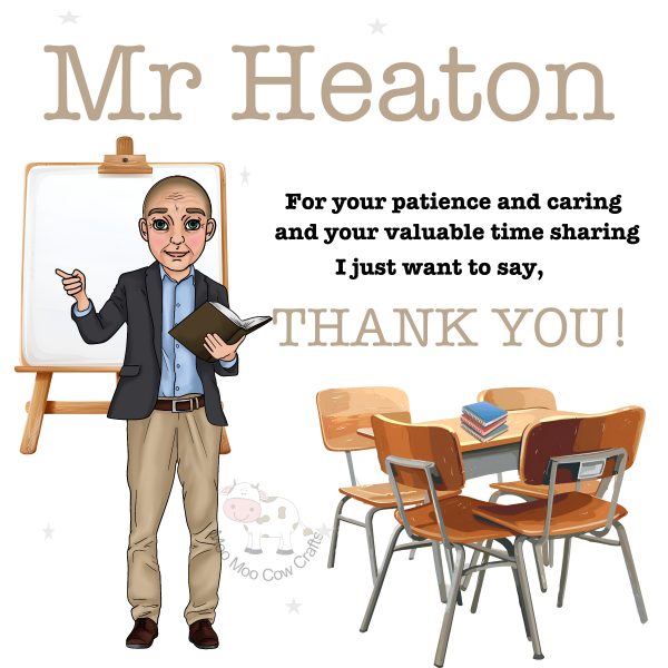 clipart image of a man holding a book, a desk and chairs and a clip chart