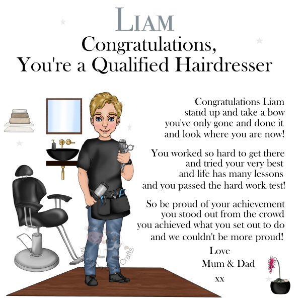 clipart images of a barber with a chair and a clipart man, it's a congratulations card.