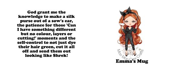 white background with clip art image of woman hairdresser with red hair and black text.