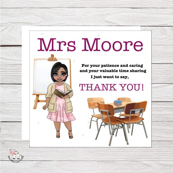 wooden backgroundn with clipart image of a woman holding a book, desk and chairs and a clip board, it's a thank you teacher card.