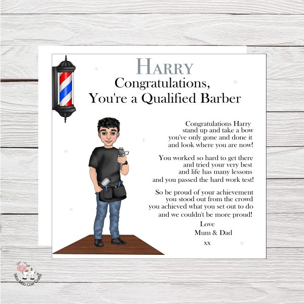 wooden background and clipart image of a barber with a barber pole.