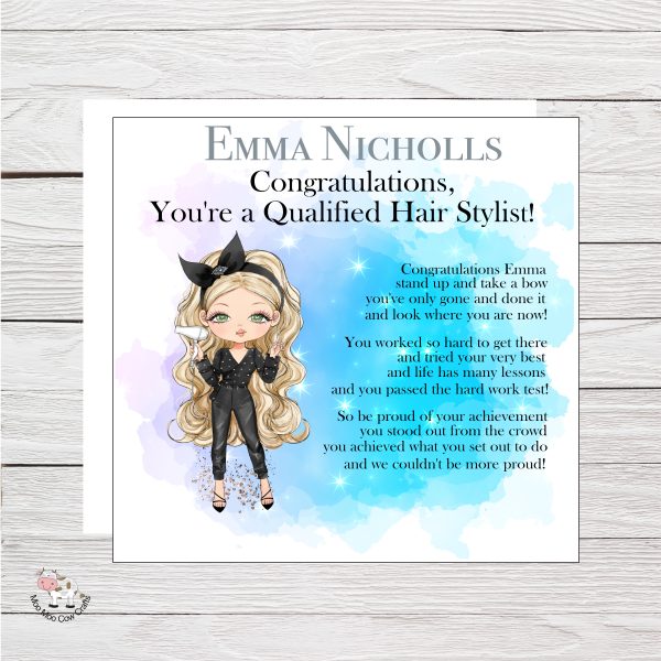 wooden background with image of girl with blonde hair holding a hairdryer, it's a congratulations card.