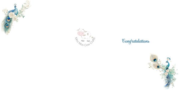 white card with two clipart peacocks.