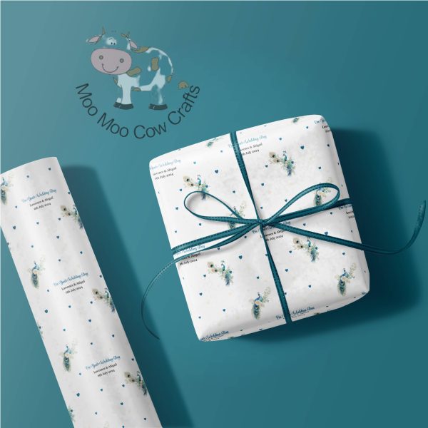 blue background with a roll of gift wrap and a gift box with a peacock design.
